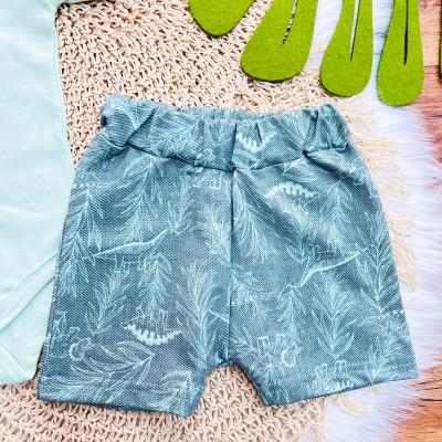 Conj. Body Manga Curta e Bermuda Folhagem Dino - Verde Menta